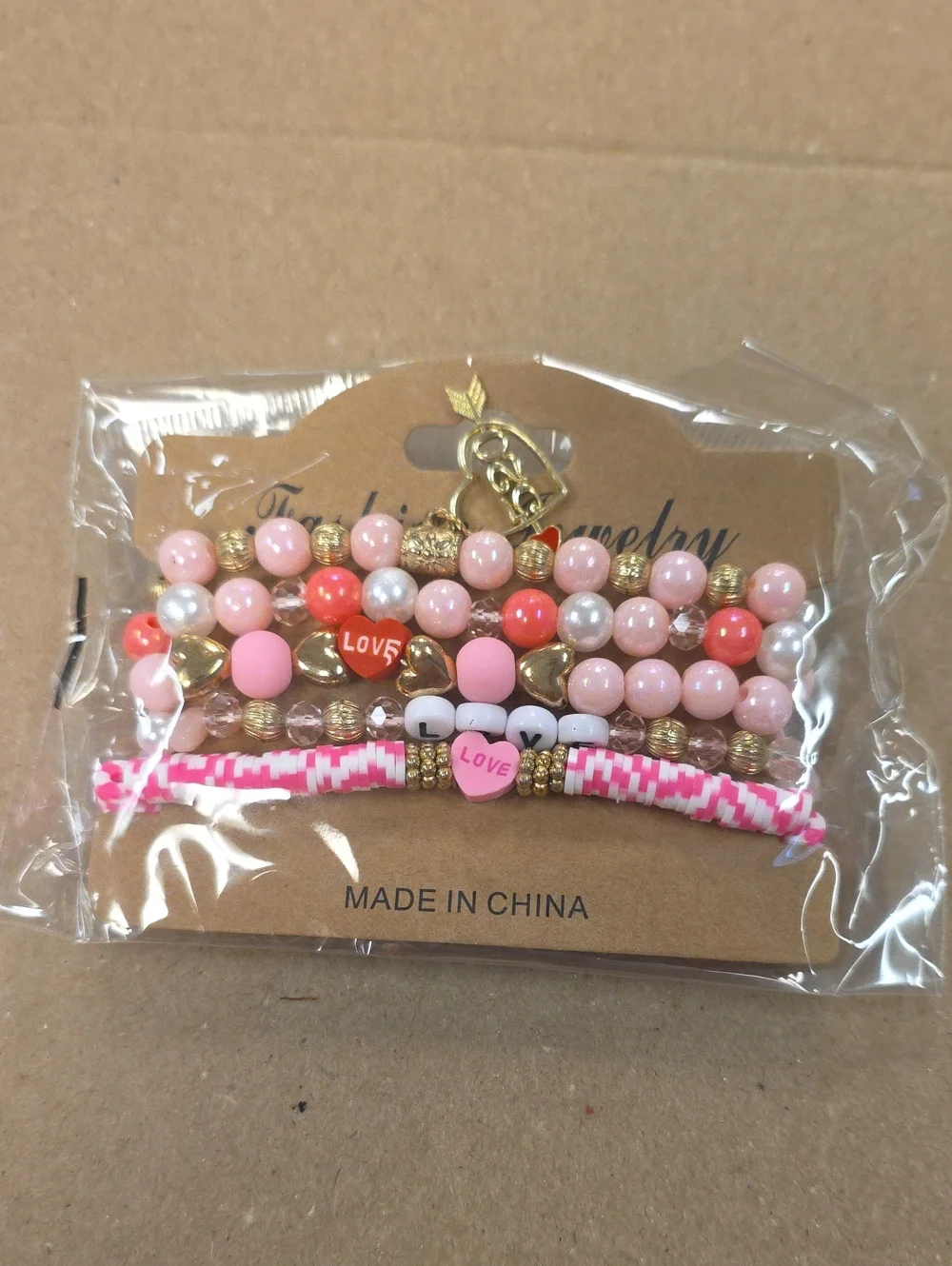Fashion Jewelry Pink and Coral Kids Beaded Bracelet Set with Gold Accents